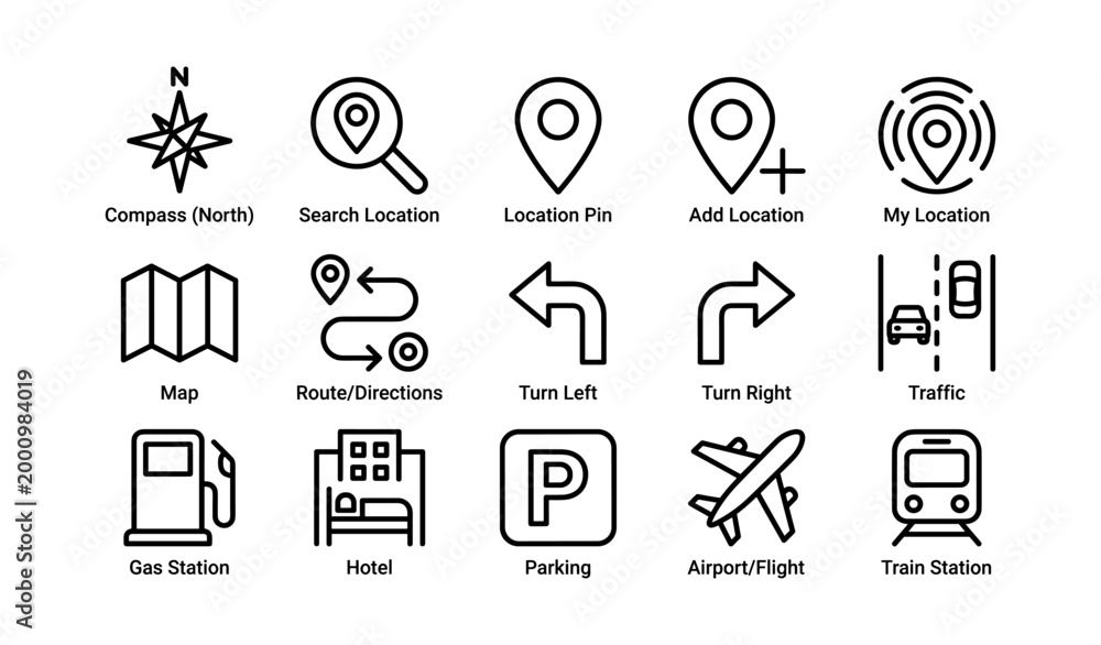 Fototapeta premium Navigation and map icon set arranged in grid on white background