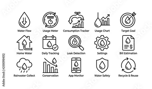 Water icons showing usage and conservation on white background