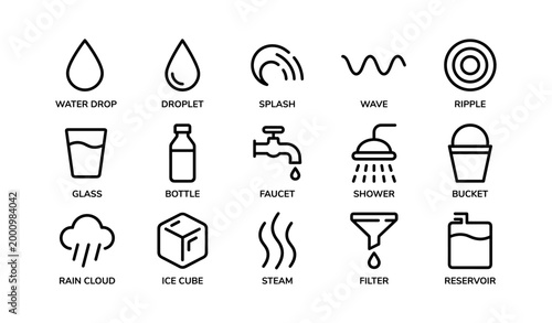 Water icon set arranged in a grid on white background