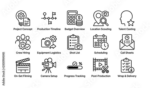 Film production planning icons arranged in grid on white background