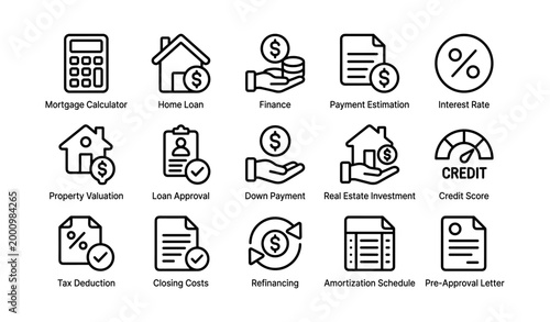 Home loan and mortgage finance icons showing lending concepts on white