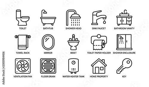 Bathroom fixtures and utility icons showing fixtures and amenities