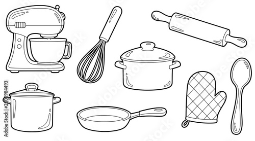 Kitchen utensils and appliances including a mixer, whisk, rolling pin, pot, frying pan, oven mitt, and spoon in a flat illustration style for culinary design projects