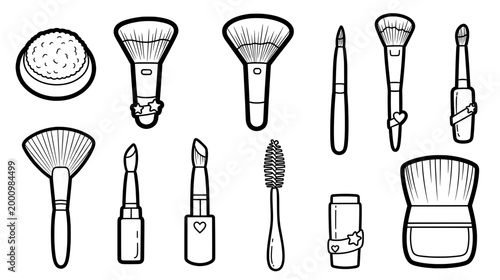Collection of beauty tools including brushes, lipsticks, and skincare products in a minimalist style, showcasing essential items for makeup enthusiasts and professionals