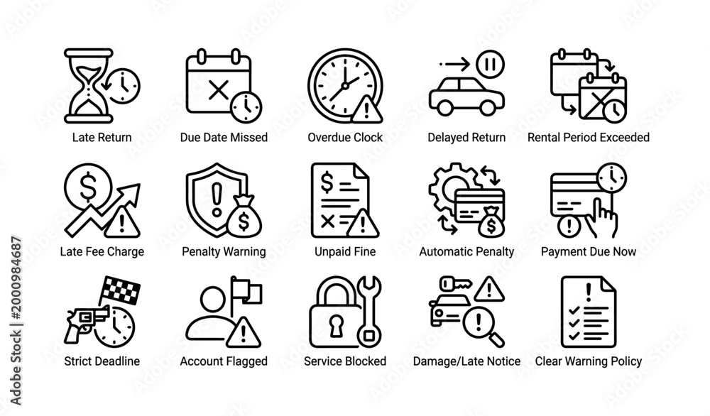 Fototapeta premium Late fee and penalty icons for overdue rentals on white grid