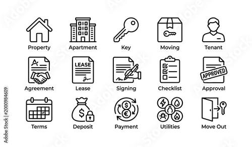 Property and rental icons showing lease and move process