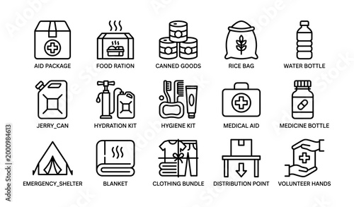 Humanitarian aid icons showing relief supplies and distribution