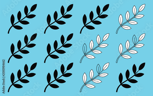 Leaf branch icon set, decorative botanical elements silhouette and outline black and white vector collection