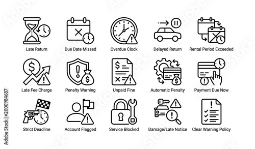 Late fee and penalty icons for overdue rentals on white grid