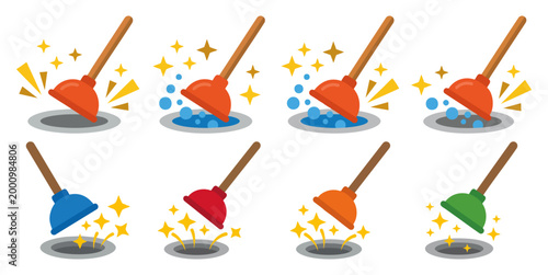 CLOG CLEAR - Plunger clearing a drain with star sparkles  Flat Vector Illustration on Transparent Background