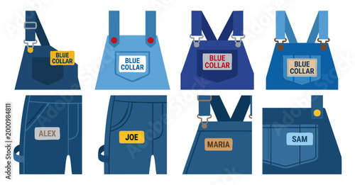 BLUE COLLAR - Close up of denim overalls with a name tag  Flat Vector Illustration on Transparent Background