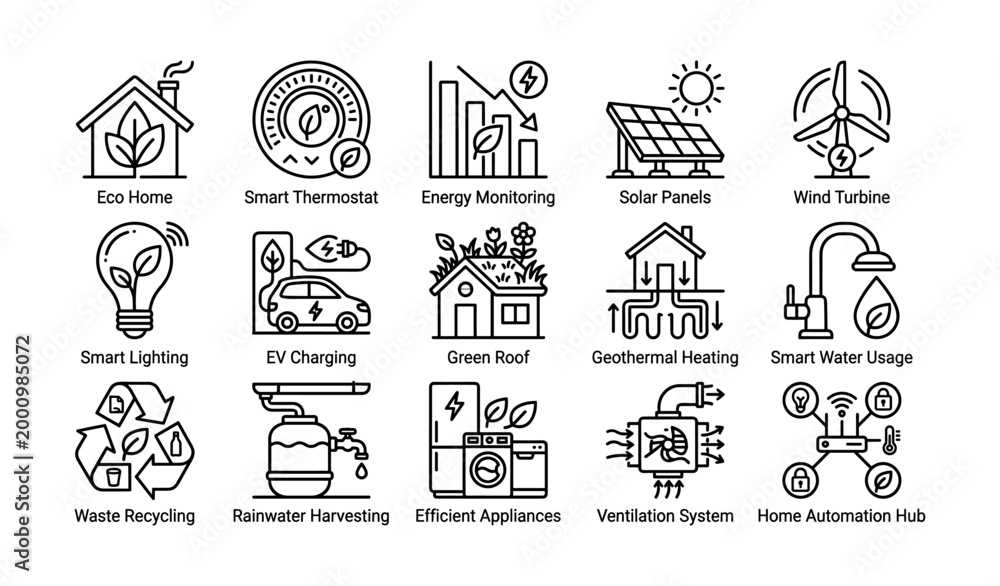 Obraz premium Sustainable home icons illustrating energy features on white