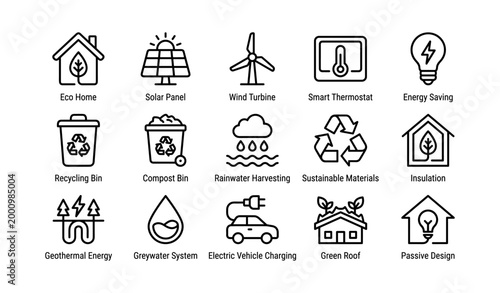 Eco home and sustainable energy icons arranged on white background