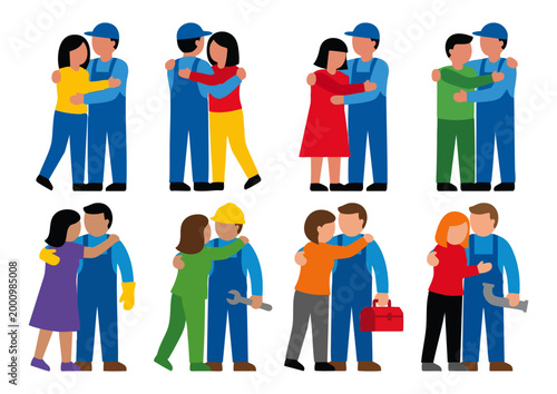  THE BIG HUG - Person hugging a plumber in blue overalls  Flat Vector Illustration on Transparent Background