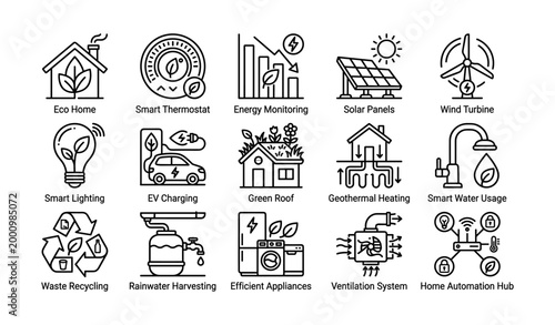 Sustainable home icons illustrating energy features on white