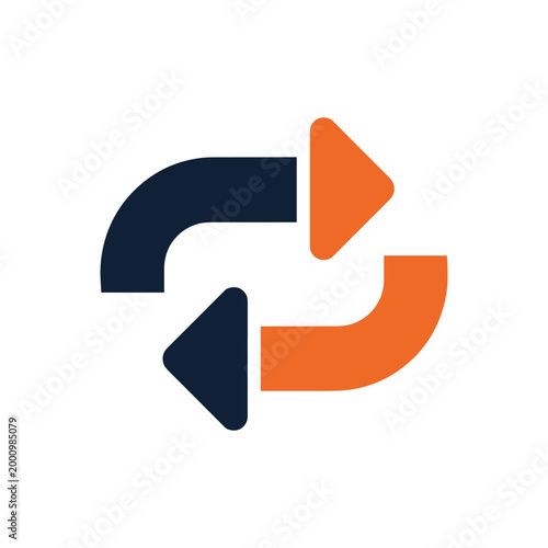 Dynamic abstract symbol featuring interlocking arrows in bold orange and navy blue with modern minimalist design elements