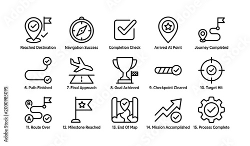Navigation and milestone icons showing journey completion on white