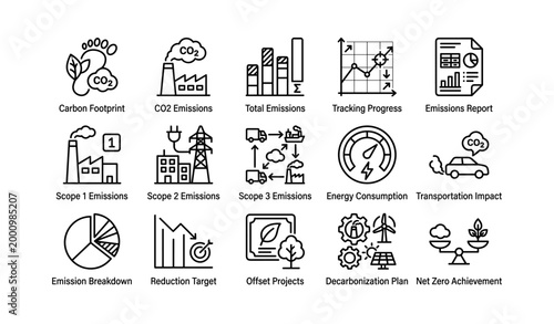 Emission and decarbonization icons arranged on white background