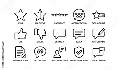 Rating and review icons displayed in grid on white background