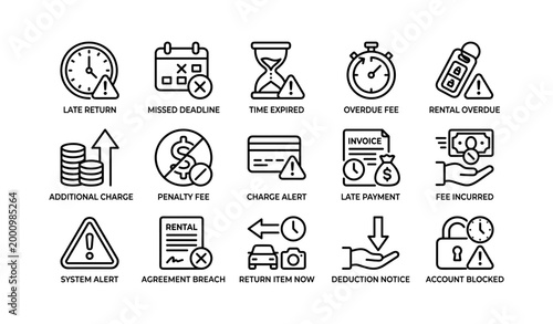 Overdue and penalty icons showing late payment symbols on white