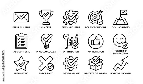 Success and satisfaction icons for positive outcomes on white grid