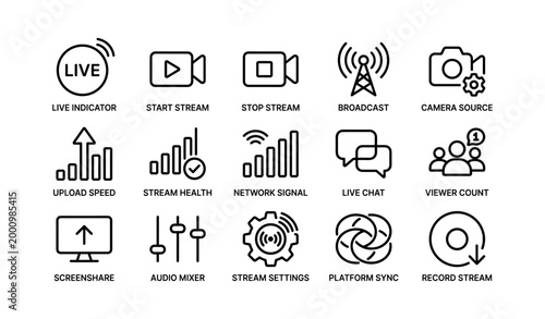Live streaming broadcast icons arranged on white background