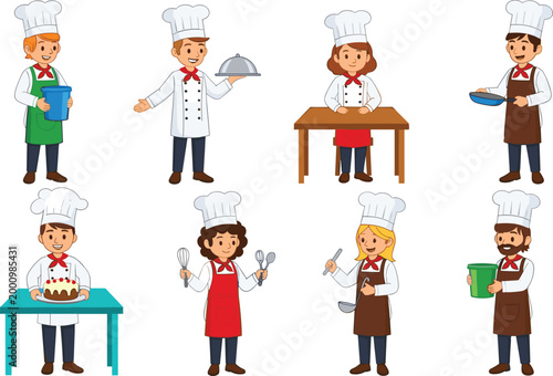 Chef Characters Cooking and Baking Vector Illustration Set Featuring Professional Cooks Preparing Food with Utensils for Kitchen Restaurant and Culinary Design.
