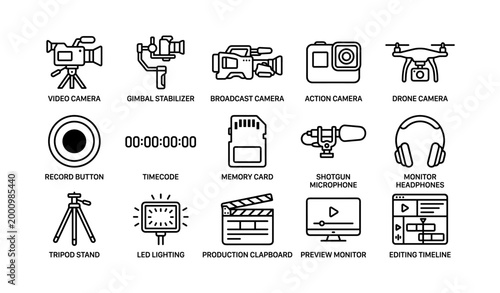 Video production icons of cams and accessories on white background