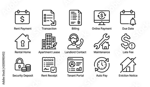 Rental icons displaying payment and lease concepts on white background