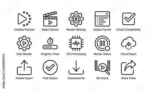 Render and export icons showing workflow steps on white background