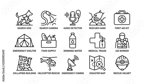 Disaster response icons showing rescue tools supplies and aid