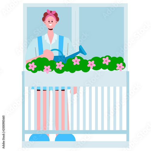 Woman Watering Flowers on Balcony
