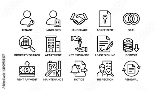 Rental icons showing tenant and lease steps on white background