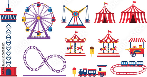 Amusement Park Ride Collection Vector Illustration Featuring Ferris Wheel Roller Coaster Carousel Circus Tent Train and Funfair Elements for Entertainment Design.