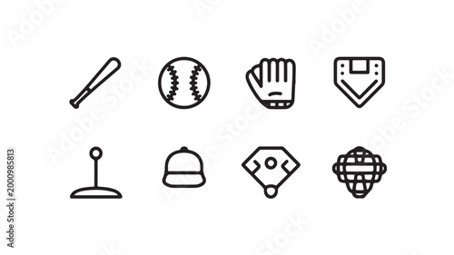 Photos PrintSet of baseball icons including bat ball glove and helmet