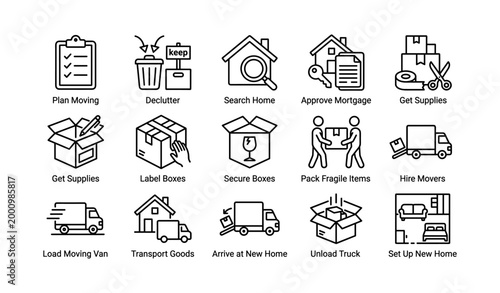 Moving checklist icons showing relocation steps on white background