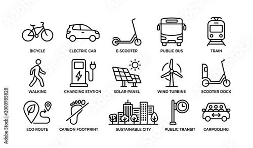 Sustainable transportation and mobility icons in grid layout
