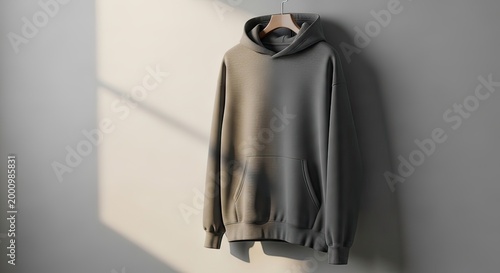 Casual Hoodie Display, Fashion Apparel, Minimalist Studio, Product Photography, Soft Lighting, Front View, Clothing Aesthetic