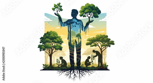 Man standing with trees growing from his hands and surrounding landscape showing human connection to nature and environmental conservation concept art