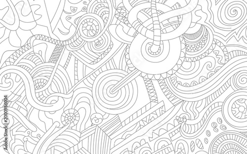 Doodle pattern coloring page, intricate mandala geometric abstract line art black and white seamless design