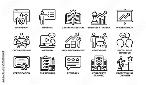 Training icons showing corporate learning on white background