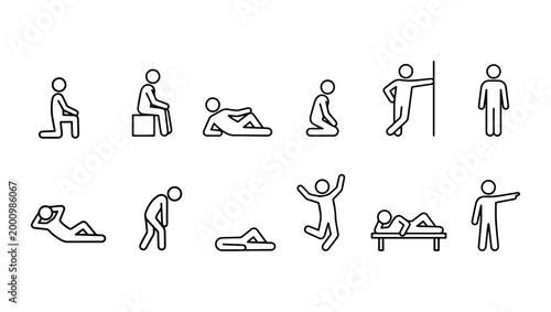Human Posture Stick Figure Icon Set on Transparent Background, stick figure, posture, gesture, body language, human poses, sitting, standing, lying, jumping, pointing, kneeling, leaning, resting, 