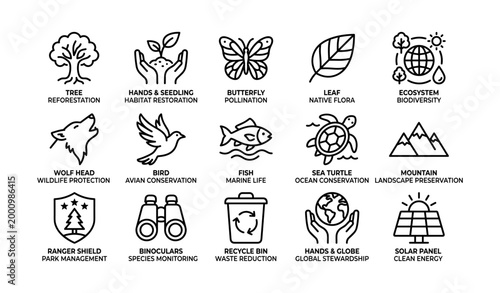 Environmental icons representing conservation topics in grid