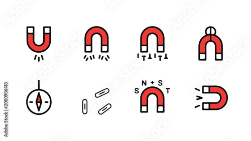 Magnet icon set showing magnetic force and attraction