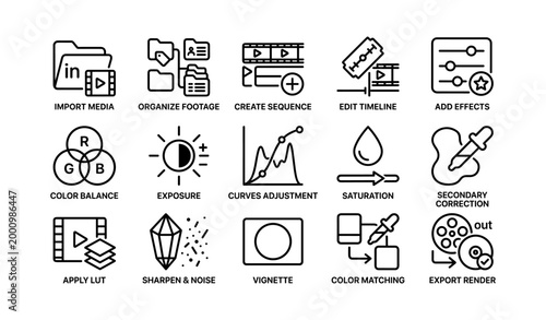 Video editing icons showing workflow steps on white background