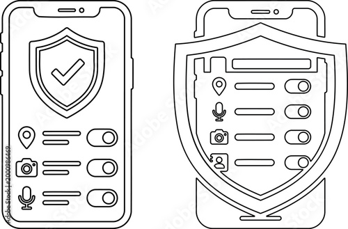 Collection of mobile app permission and privacy icons with security shield elements
