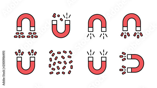 Magnet icon set showing magnetic force and attraction