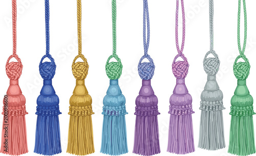 Decorative Curtain Tassel Collection Vector Illustration Featuring Colorful Rope Tiebacks and Elegant Hanging Tassels for Interior Design and Home Decor.