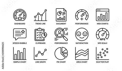 Data visualization and performance icons displayed on white background