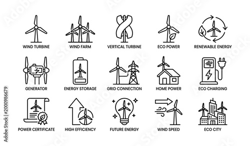 Wind energy icons illustrating turbines and eco concepts on white grid